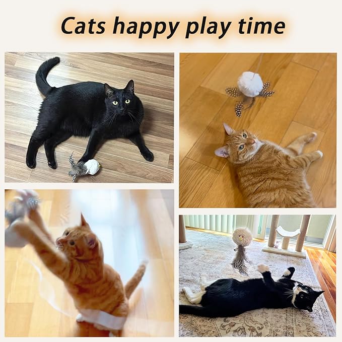 Interactive Cat Wand Toy Set,2 PCS Feather Plush Ball Cat Toys with Catnip & Bell Cats Teaser Sticks for Indoor Play Chase Exercise with Kittens