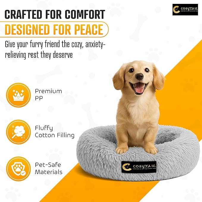 Anti-Anxiety Donut Pet Bed, Round Plush Faux Fur, Washable, Small to Medium Dogs and Cats (Grey, Large)