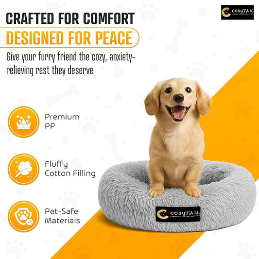 Anti-Anxiety Donut Pet Bed, Round Plush Faux Fur, Washable, Small to Medium Dogs and Cats (Grey, Large)