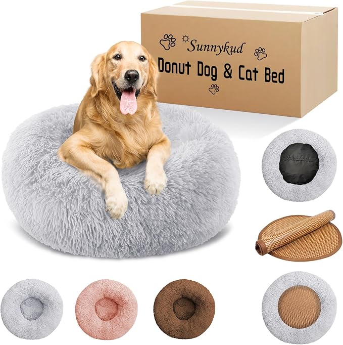 Calming Donut Dog Bed Medium Size Removable Cover + 2 PCS Cooling Rattan Pet Mat, Fluffy Comfort Anti-Anxiety Washable Round Pets Bed with Double-Sided Cool Pad for Medium Dogs/Cat, 31" Gray