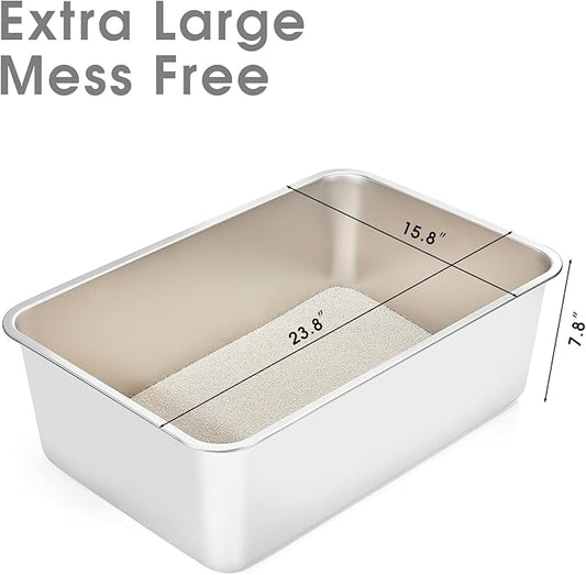 Yangbaga Stainless Steel Litter Box for Cat and Rabbit, Large Size with 8in High Sides and Non Slip Rubber Feet. Odor Control, Non Stick Smooth Surface, Easy to Clean, Never Bend