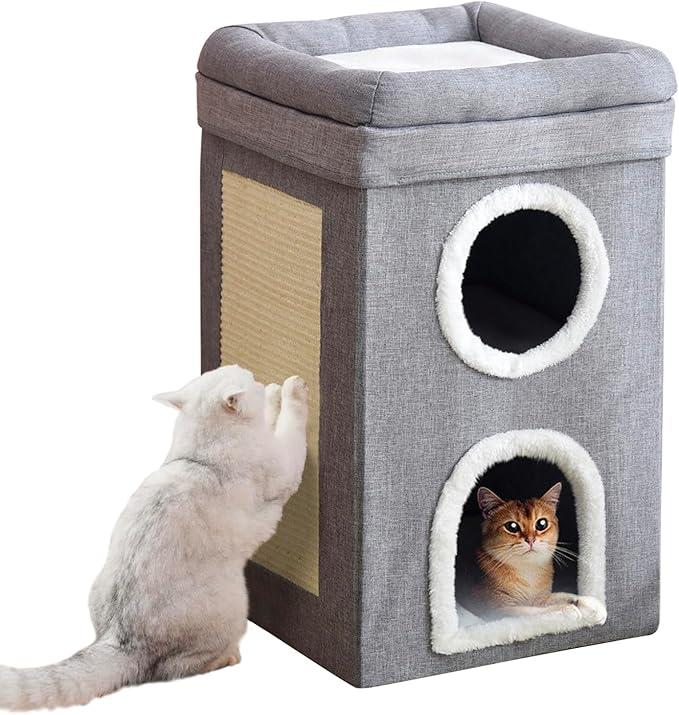 3-Level Cat House for Indoor, Covered Cat Condo with Scratch Pad and Hideaway Cave, Cat Bed &Furniture for Multi Pets and Large Cats, 15.3 * 15.3 * 26 inches,Grey
