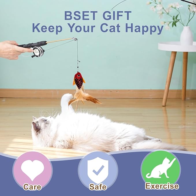 SILVERVINE Magic Cat Toy Wand with Fish – Interactive Cat Toys for Indoor Cats, Kittens & Bored Adults | Adjustable Fishing Pole Teaser with Feathers(Random Selection of 1 Out of 2)