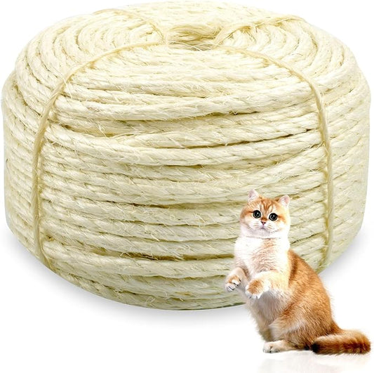 Sisal Rope for Cat Scratcher 1/4" Diameter 328 FT Cat Natural Sisal Rope for Repairing Cat Scratching Post Cat Tower Repair Rope Cat Tree Rope Replace Recovering and DIY