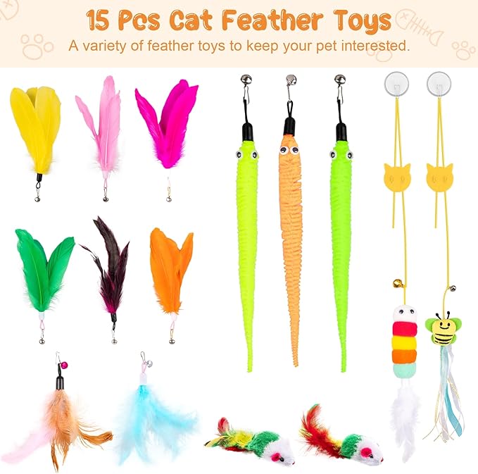 Depets Cat Wand Toy, 15 Pcs Interactive Cat Feather Toys for Indoor Self Play & Exercise, 2 Play Modes Kitten Teaser Wand, Reusable Suction Cup Kitten Toys