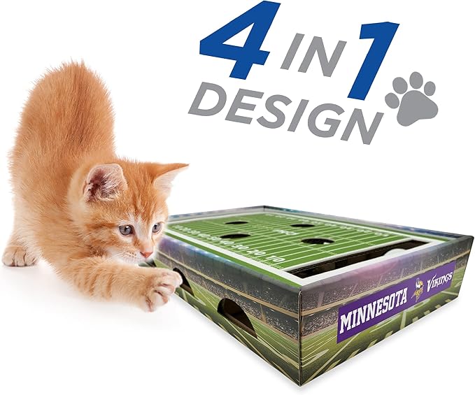 NFL Minnesota Vikings Football Stadium Cat Scratcher Find & Play Box With 2 Jingle Bell Balls - Game Day Toy, Field Felt Scratcher, Play and Lounge Stimulating Game