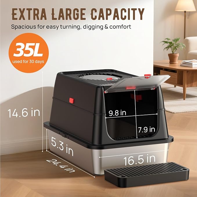 Stainless Steel Litter Box: Enclosed Cat Litter Box with Flip Lid Self Cleaning and High Sided Top Entry Design, XL Extra Large Metal Kitty Litter Pan Tray for Big Cats, Built-in Carbon Filter Pouch