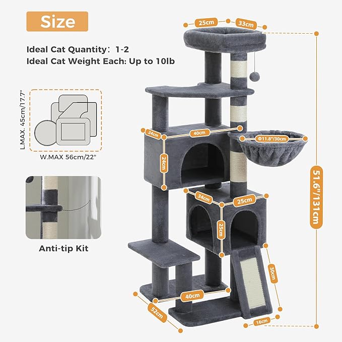 PAWZ Road Cat Tree, 51.6 Inches Cat Tower with Dual Condos, Spacious Perch, Cozy Basket and Sisal-Covered Scratching Posts for Small Cats and Kittens- Dark Gray