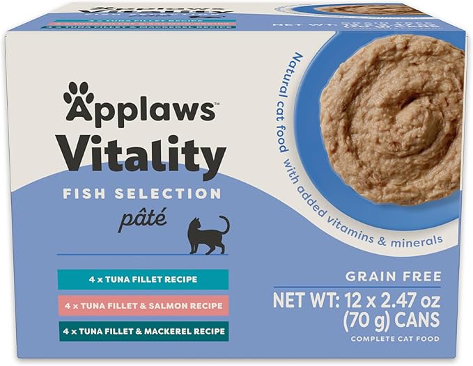 Applaws Vitality Wet Cat Food Paté, Natural Canned Cat Food, Wet Food for Cats with Added Vitamins and Minerals, Grain Free, Carrageenan Free, Fish Variety Selection Paté (12 Count, 2.47 oz Cans)