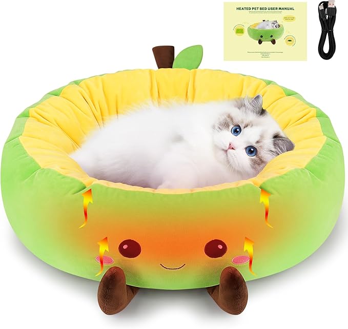 Avocado Heated Cat Bed - Cute Round Dog Bed, Warming Pet Bed for Indoor Cats & Small Dogs, Washable Calming Nest with Heating Pad & Timer, Green Pet Heating Pad for Cats and Dogs