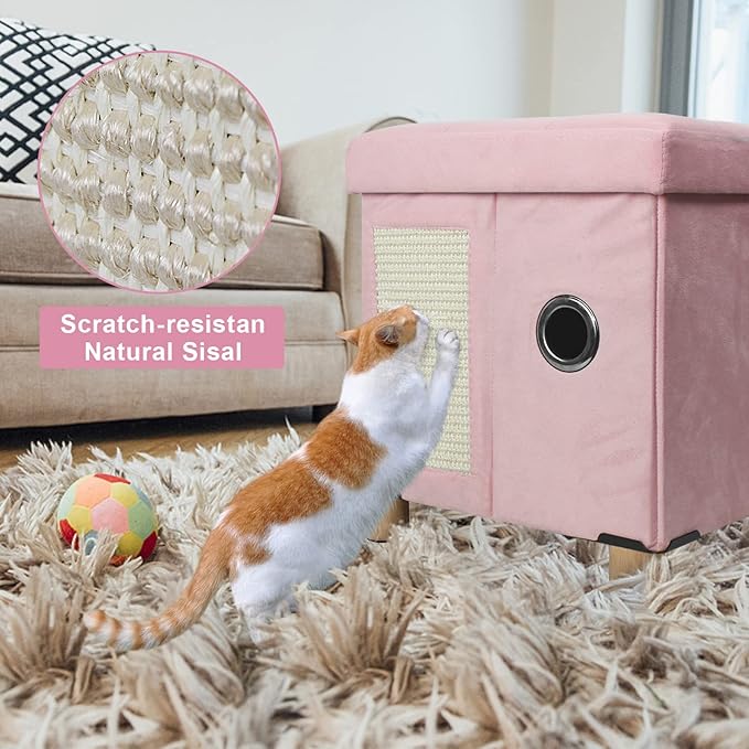 BRIAN & DANY Cat House for Indoor Cats, Cat Cave Bed for Pet, Cat Cube with Cat Scratch Board & Cat Ball, 14.7" x 14.1” x 12.7”, Pink