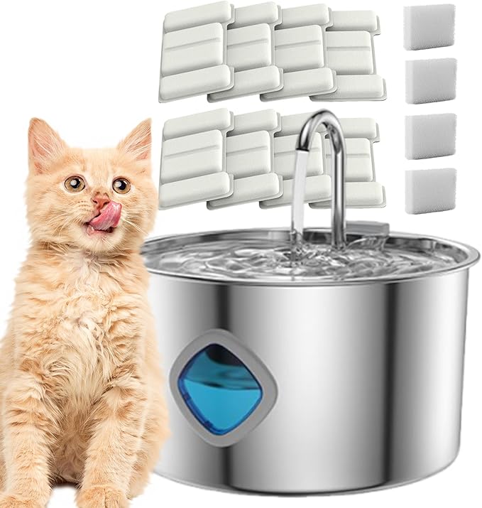 Pawira Water Fountain for Cats, with 10 Filters - Silent Pump, Dog & Cat Water Fountain, 3.2L / 108oz with Water Window, Super Quiet (B, Filter * 10, 3.2L)