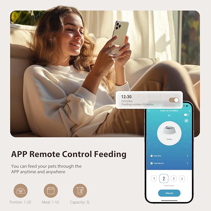 WiFi Automatic Cat Feeder and Water Dispenser, Timed Dry Food Dispenser APP Remote Control, Programmable Portions, Cat Fountains for Drinking with Filter, Small Pets (3L Combo)