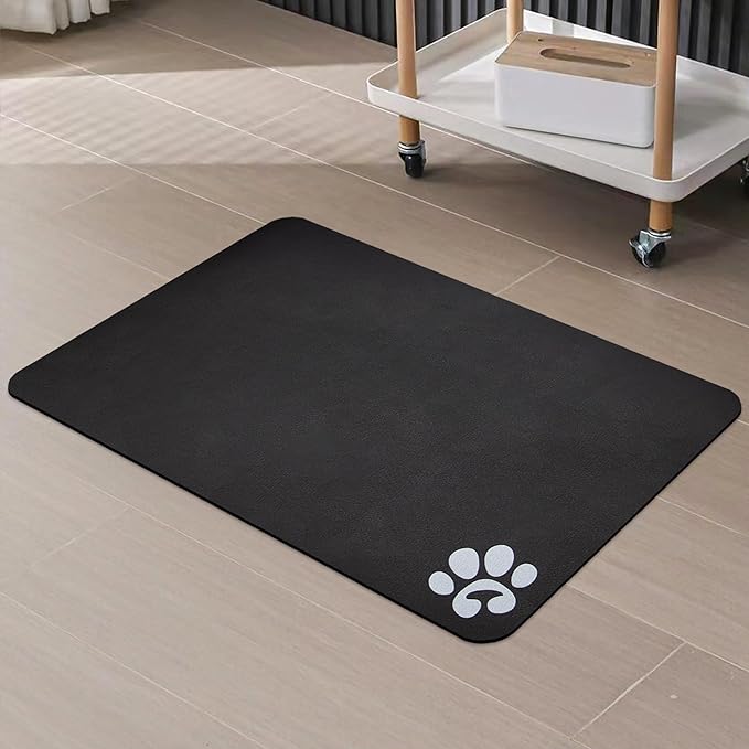 YCT Pet Cat Food Mats for Dog Food Mat, Cat Mat for Food, Pet Dog Cat Feeding Mat Eating Mat Pet Dog Cat Bowl Mats, Non-Slip Super Absorbent, with Footprints Logo,24 x 16.9 inches, Black