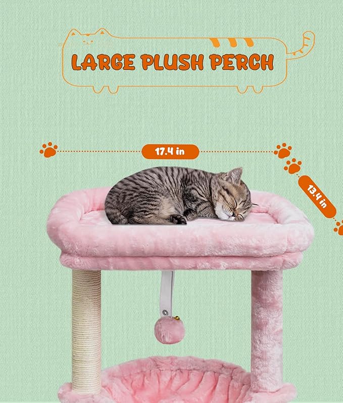SYANDLVY Small Cat Tree for Indoor Cats, Activity Cat Tower with Scratching Post for Kittens, Modern Cat Furniture with Basket & Hanging Ball for Play Rest, Pink