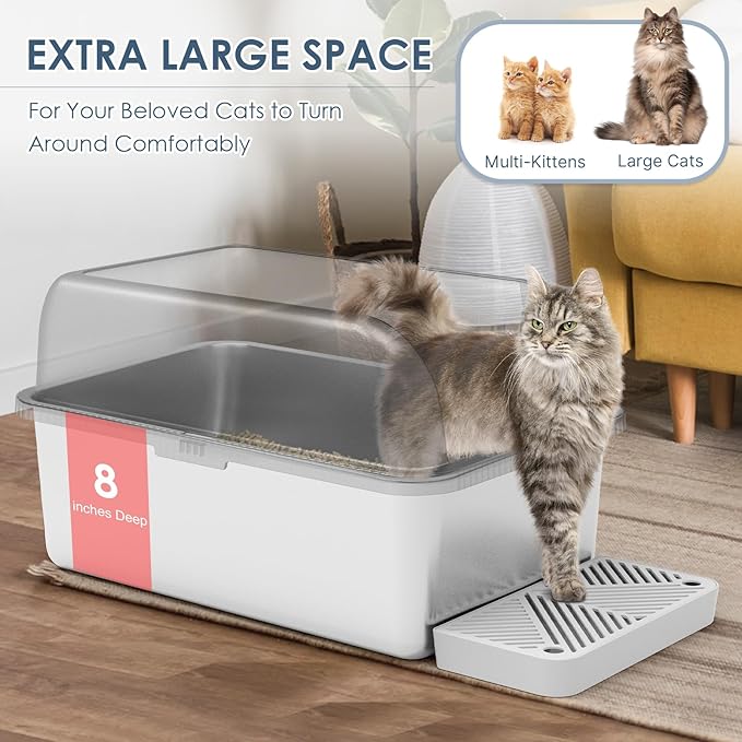 2 Pack 8" Deep Stainless Steel Litter Box with Lid, Extra Large & Deep Stainless Steel Cat Litter Box for Multipul Cats, Metal Litter Pan with Anti-Leakage High Wall, Litter Pan Easy Cleaning