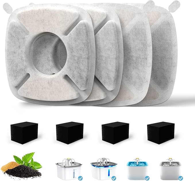 4 Pack Cat Water Fountain Filter Compatible with 67/95/135/85oz Automatic Pet Dispenser, Triple Filtration Dog Fountain Filter (4 Carbon Filters+4 Sponge Filters)