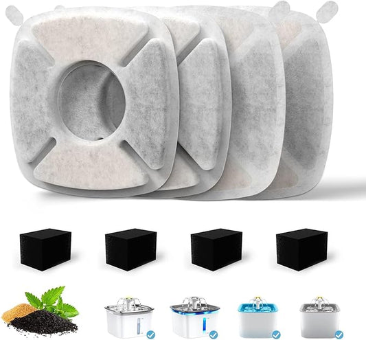 4 Pack Cat Water Fountain Filter Compatible with 67/95/135/85oz Automatic Pet Dispenser, Triple Filtration Dog Fountain Filter (4 Carbon Filters+4 Sponge Filters)