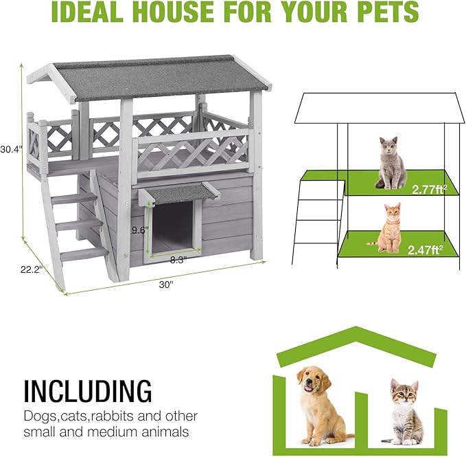 GUTINNEEN Cat House Outdoor Indoor, Weatherproof Outside Feral Cat Shelter,2-Level Wooden Kitten House with Stairs, Waterproof Roof and Balcony