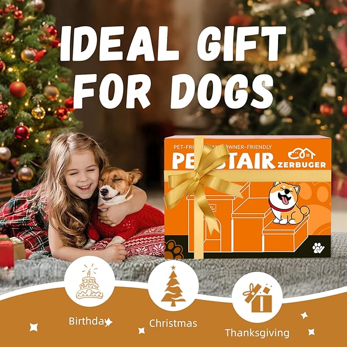 Dog Stairs with Condo 18" H, 3-Step Wider Dog Steps for High Beds Couch, Folding Storage Pet Stairs Gift for Small/Medium/Large Old Dogs Cats, Ramp for Climbing Car Up to 200 lbs, Brown