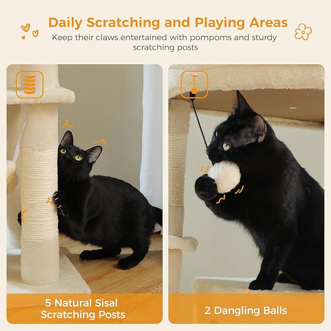 PAWZ Road Tall Cat Tower, 70 Inch Cat Tree with Hammock, 5 Scratching Posts, 2 Condos and a Large Top Perches for Large Cats-Beige