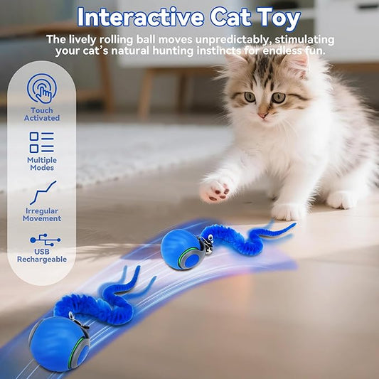 Vrurc Interactive Cat Toy Ball-Speedy with Feather & 3 Tails,Motion Activated Auto Roll,2 Speeds Rechargeable,Indoor Cat Stimulation, Enrichment,Keeps Busy,Durable (Blue)