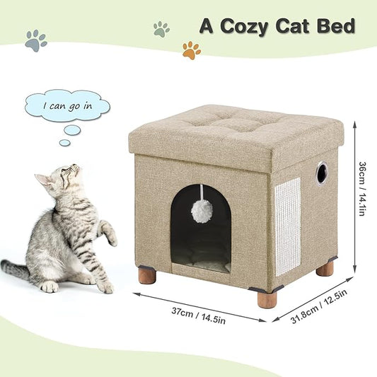 BRIAN & DANY Foldable Cat House for Indoor Cats, Large Cat Cube for Pet Cave with Scratch Board & Ball, 14.7" x 14.1” x 12.7”, Light Khaki