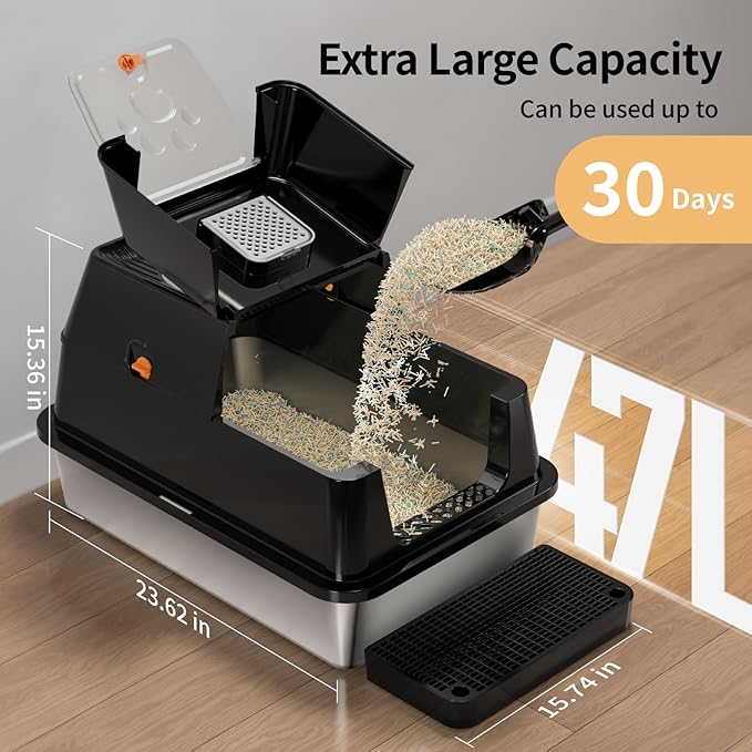 Stainless Steel Cat Litter Box with Lid, 180° Flip-Top XL Extra Large Enclosed Litter Box, Covered Metal High Sided Litter Pan with Steps & Scoop, Easy Cleaning, Odor Control,Non-Sticky-Black