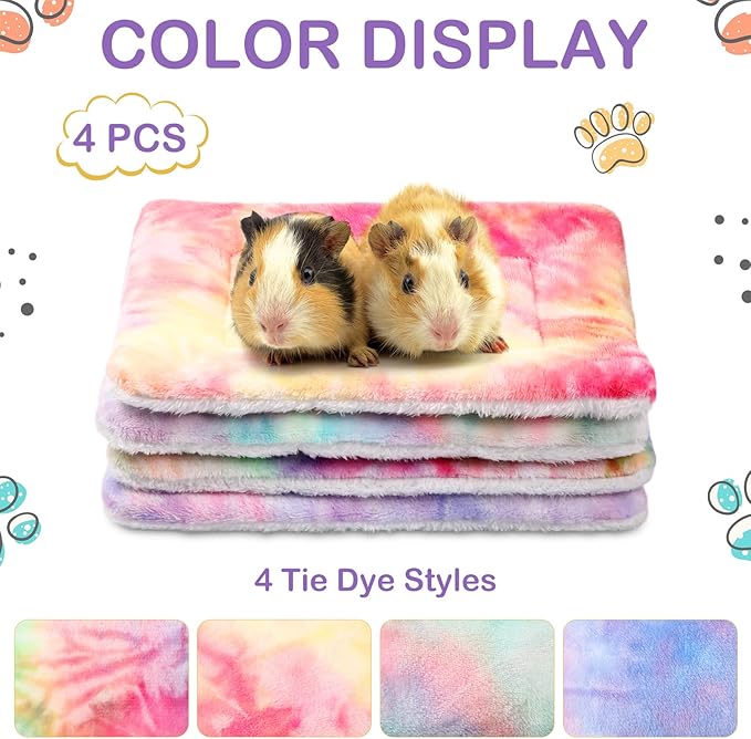 Haull 4 Pcs Waterproof Guinea Pig Bedding Winter Guinea Pig Bed Plush Cage Liners Soft Dog Cat Mat Reversible Winter Cozy Animal Pee Pad Hamster Bed Mat for Bunny(Tie Dyed,13 x 10 Inch)