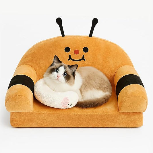 Cute Cat Couch with Soft Pillow, Supportive Dog Couch, Cat Sofa with Removable Cover,Cute Bee Shaped, 24 Inch