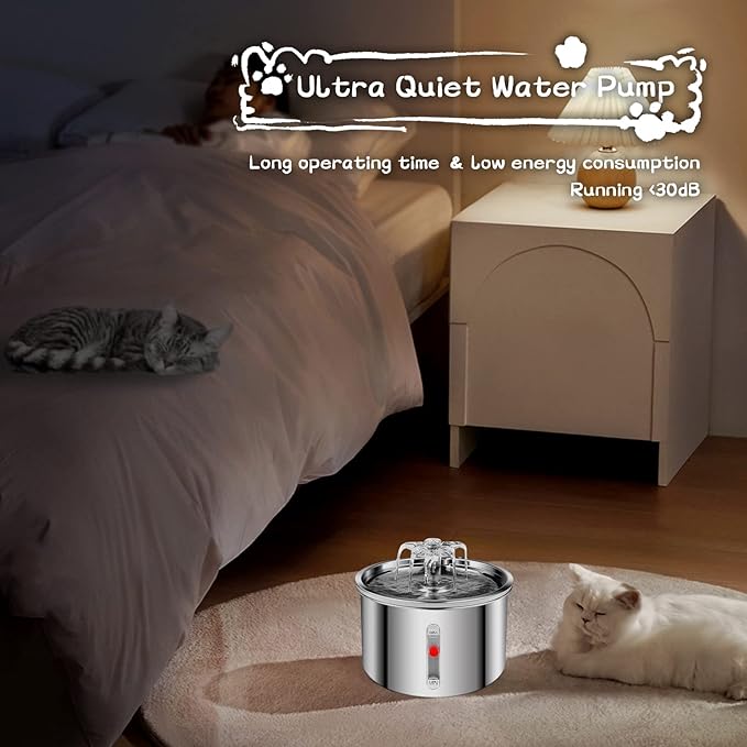 Cat Water Fountain Stainless Steel, 67oz/2L Dog Water Dispenser, Automatic Pet Water Fountain with Ultra Quiet Pump and Water Level Window for Cats,Dogs,Multiple Pets