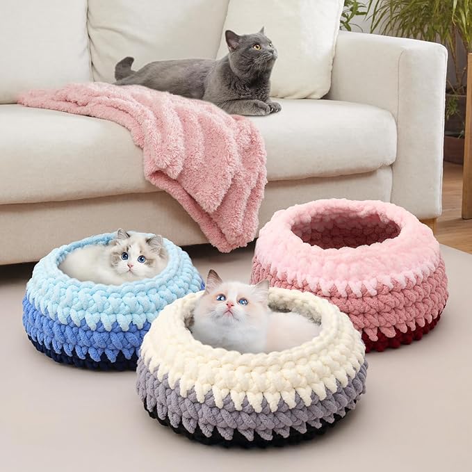 Ombre Gradient Round Cat Bed for Indoor Cats, Chunky Knit Washable & Plush Pet Bed, Cozy Nest with Non-Slip Bottom for Small Medium Cats