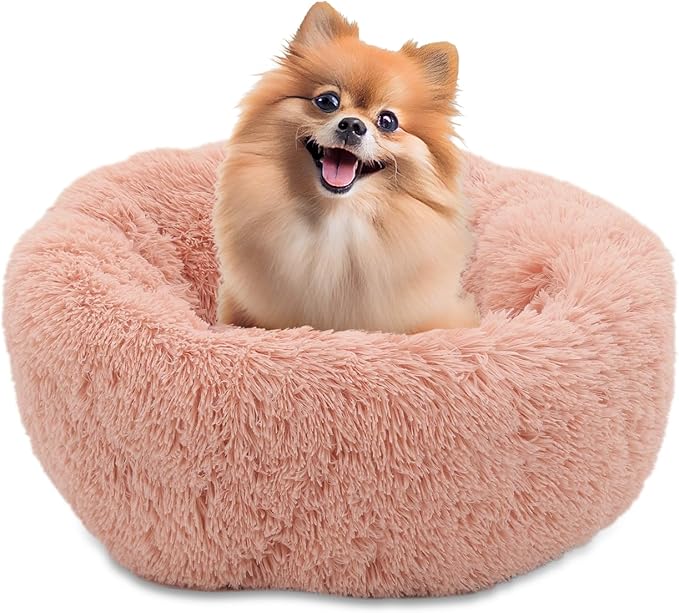 Athena Collection Washable Small Dog Bed, Cat Bed for Indoor Cats, 24 Inches Fluffy Faux Fur Round Pet Bed Calming Cozy Soft Warming Donut for Small Dog Puppy Kitten, Pink
