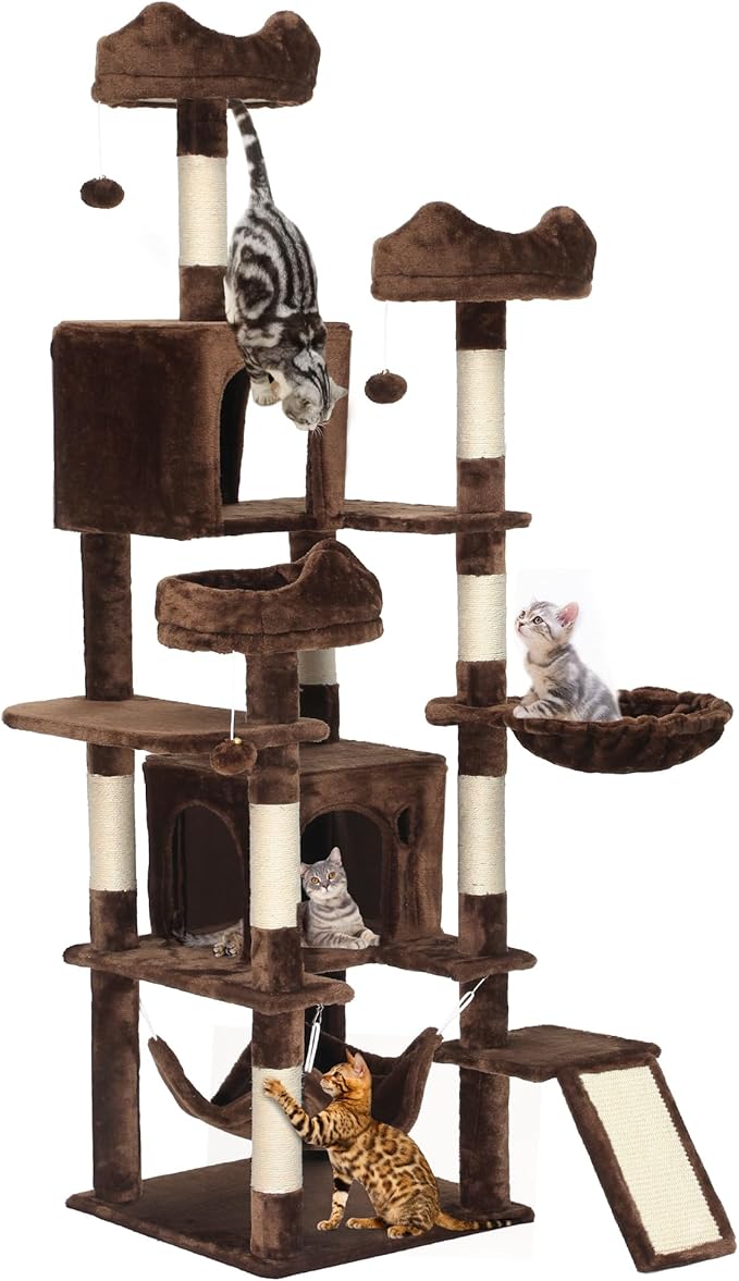 YITAHOME Tall Cat Tree for Indoor Cats, 75 inch Multi-Level Cat Tower with Cat Condos, Top Perches, Sisal Ramp Scratching Posts, Cozy Basket, Hammocks, Large Cat Pet Activity Structure, Brown