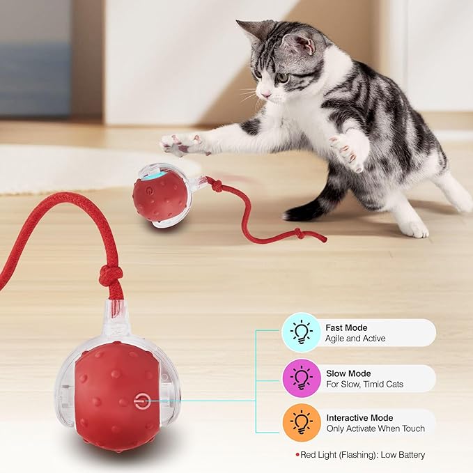 Electric Interactive Cat Toy Ball - Automatic Rolling Silicone Cat Toys for Indoor Cats, Durable Chew-Proof Motorized Kitty Ball with LED Light, Fun Exercise Toys for Bored Kittens(red)
