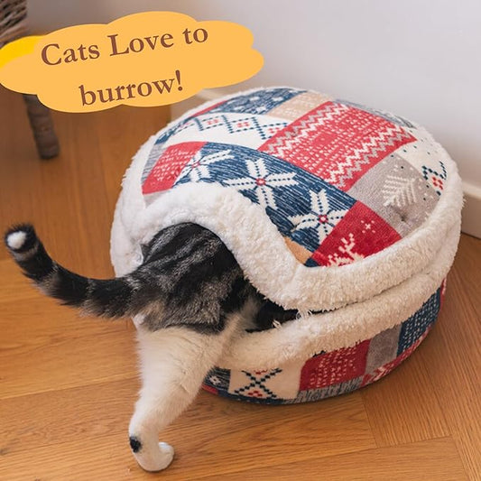 Cat Cave Bed – Plush, Warm & Calming Hideaway with Detachable Lid & Mat, Covered House for Indoor Kitten & Kitty (Snow)