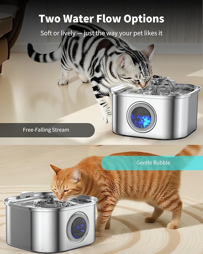 Cat Water Fountain Stainless Steel, 3.2L/108oz Cat Fountain with Large Water Level Window, Pet Water Dispenser with Quiet Pump Ideal for Cats, Dogs and Multi-pet Household