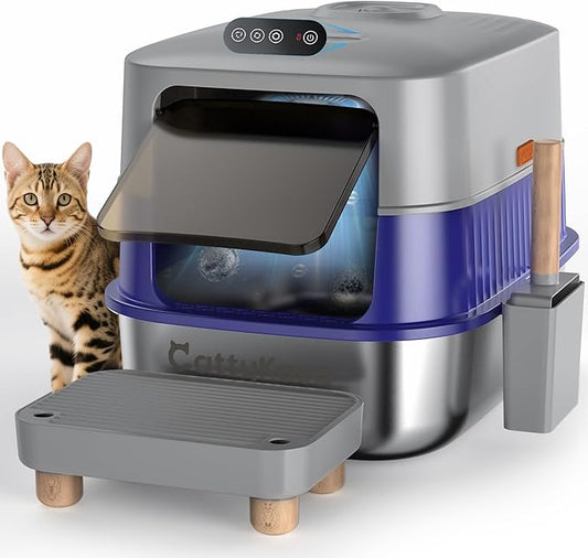 Odor Control XL Stainless Steel Litter Box,3-in-1 Enclosed High Side Cat Litter Box with High Lid for Cats,Non-Sticky,Anti-Leakage,Easy Clean,with Scoop & Filter Pedal(Gray-Blue)