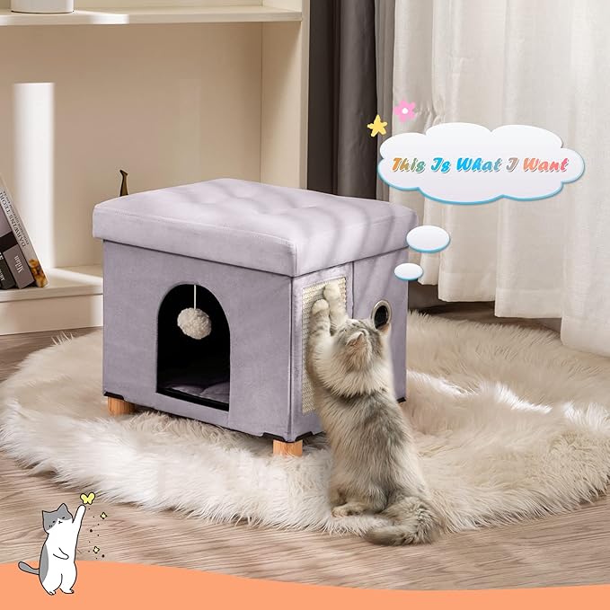 BRIAN & DANY Foldable Cat House for Indoor Cats, Large Cat Cube for Pet Cave with Scratch Board & Ball, 14.7" x 14.1” x 12.7”, Light Gray