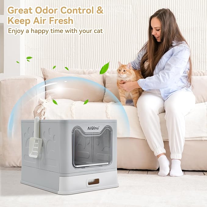 AiQInu Stainless Steel Cat Litter Box wtih Lid and Scoop- Up to 20 LBS, Foldable Large Enclosed Metal Litter Box with High Sided Enclosure for Big Cats - Anti Leakage No Smell, Easy Cleaning