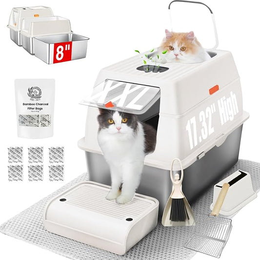 Fully Enclosed XXL Stainless Steel Litter Box with Lid, 8” Deep Pan, Large Stainless Steel Cat Litter Box for Big Cat with Scoop, Step Board, Mat, Brush, Odor-Free, Anti-Leak, Non-Stick (White)
