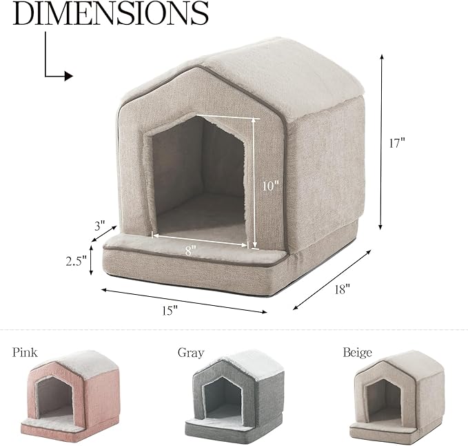 Orthopedic Cat Houses for Indoor Cats,Small Dogs,Super Soft Cat Bed Cave,Condos, Cubes,Cat Hideaway,Covered,Cat Bed for Kitty Small Medium Large Pet (Beige, 18" L x 15" W x 17" Th)