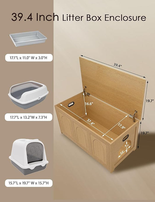 DINZI LVJ Cat Litter Box Enclosure, Flip Top Litter Box Furniture, Farmhouse Hidden Cat Washroom, Wooden Pet House, End Side Table, 39.4" L x 19.7" W x 19.7" H, Sturdy and Easy to Assemble, Natural