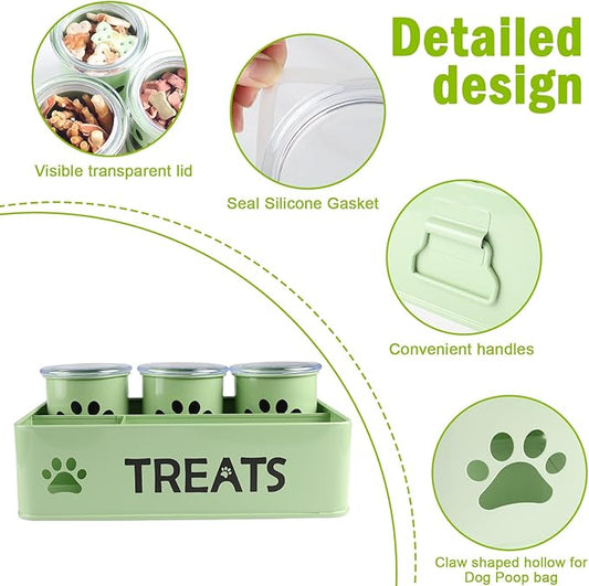 28oz Metal Dog Treat Container Set of 3,Dog Treat Jars with Airtight Lids,Cat Treat Jar,Dog Treat Canister for Countertop,Coated Galvanized Steel Dog Treats Station-Green