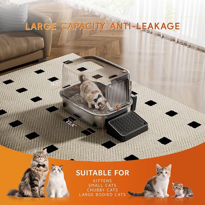 Stainless Steel Litter Box with Lid,90° Flip-Top Extra Large Cat Litter Box,Front Entry Top Exit Kitty LitterBox,Enclosed Metal Cat Box with Litter Scoop & Litter Mat,Anti-Leakage, Non-Sticky