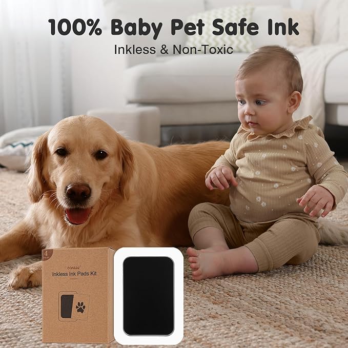 Inkless Paw Print Kit for Dogs,Cats & Babies – Clean Touch Dog Nose & Baby Handprint Kit, Mess-Free Ink Pad with 4 Pads & 2 Wooden Frames – Keepsake Gifts for Pet Owners & New Moms