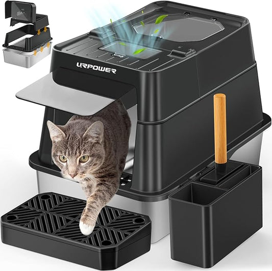 URPOWER Stainless Steel Cat Litter Box with Lid 110° Flip-Top Extra Large Enclosed Litter Box Non-Sticky Metal Pan with High Sided & Scoop, Odor Free, Front & Top Entry, Anti-Leakage, Easy Cleaning