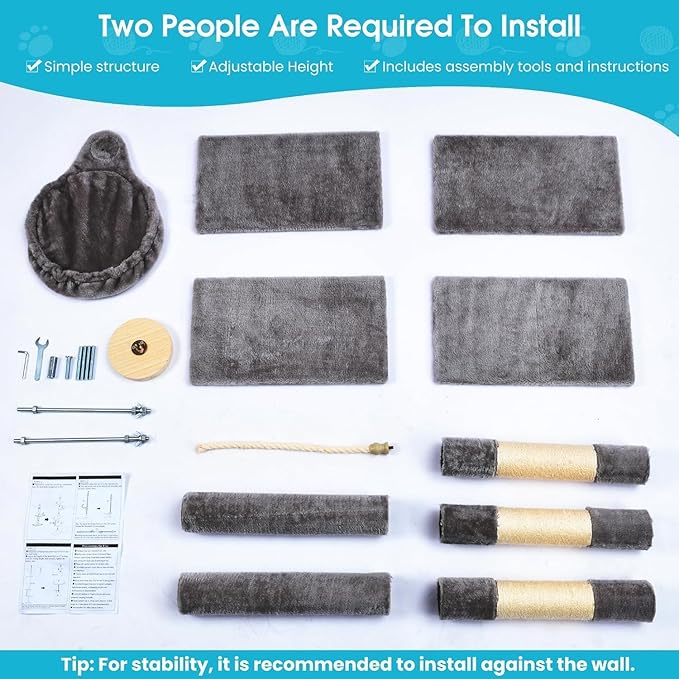 Cat Tree 5-Tier Floor to Ceiling, 89-109 Inch Adjustable Height Cat Tower with Cozy Hammock, Cat Climbing Tree for Indoor Cats, Darkgrey