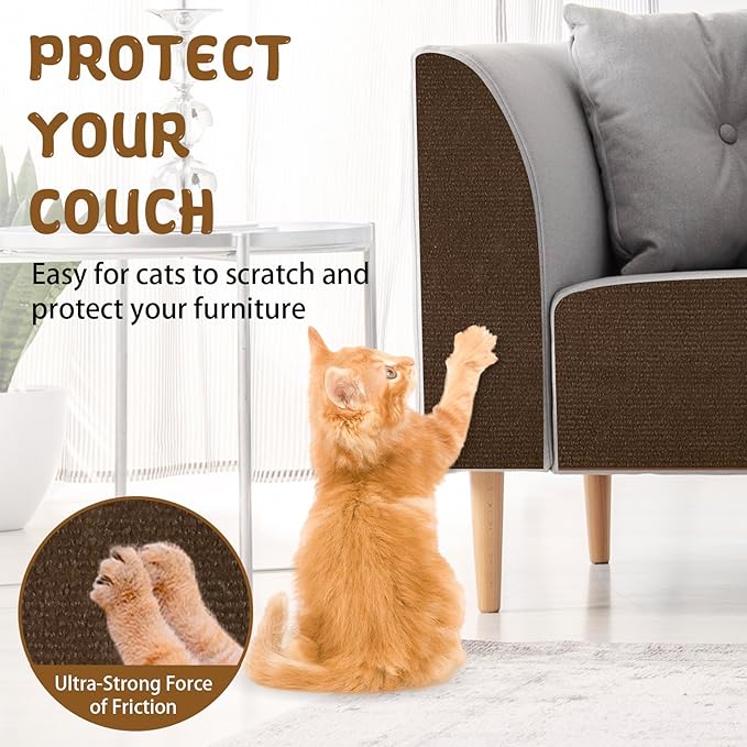 Climbing Cat Scratcher Mat Trimmable Cat Scratching Post Carpet 118’’x15.8’’ Self Adhesive Carpet Mat Pad Replacement for Cat Tree Shelves Post Couch Wall Furniture Steps DIY Protector (Brown)