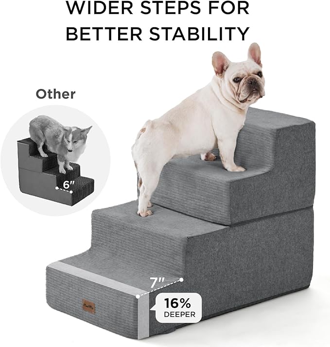 Made4Pets Dog Steps for Bed, Extra Wide Dog Stairs for High Bed Couch Sofa, 35D Foam Pet Steps for Small Dogs and Cats, Non-Slip Bottom Pet Stairs, Grey, 4 Steps